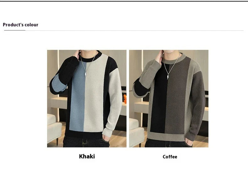 A cosy, warm brown and creamy white colour block jumper for men, featuring a crew neckline and long sleeves