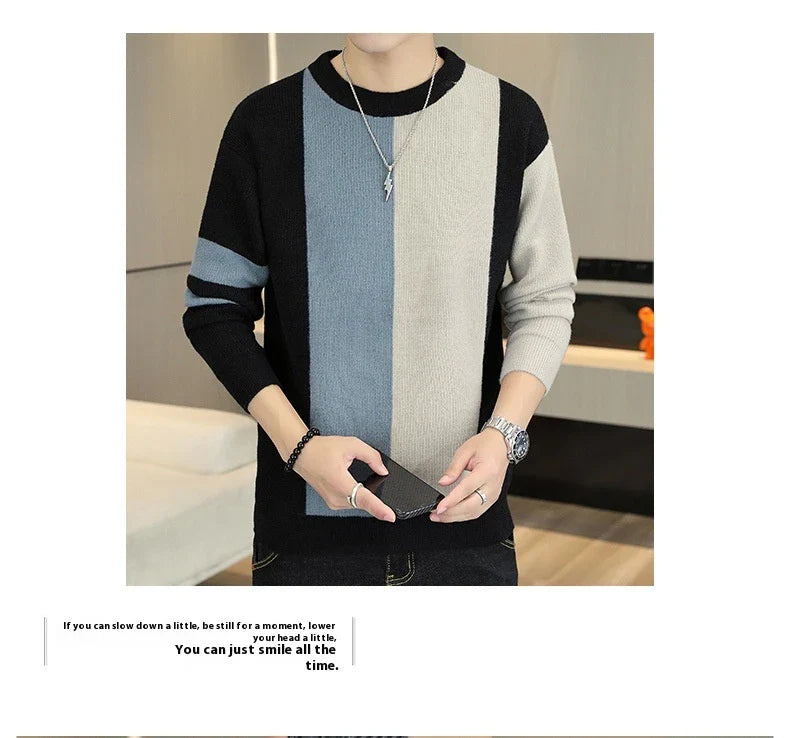 A cosy, warm brown and creamy white colour block jumper for men, featuring a crew neckline and long sleeves