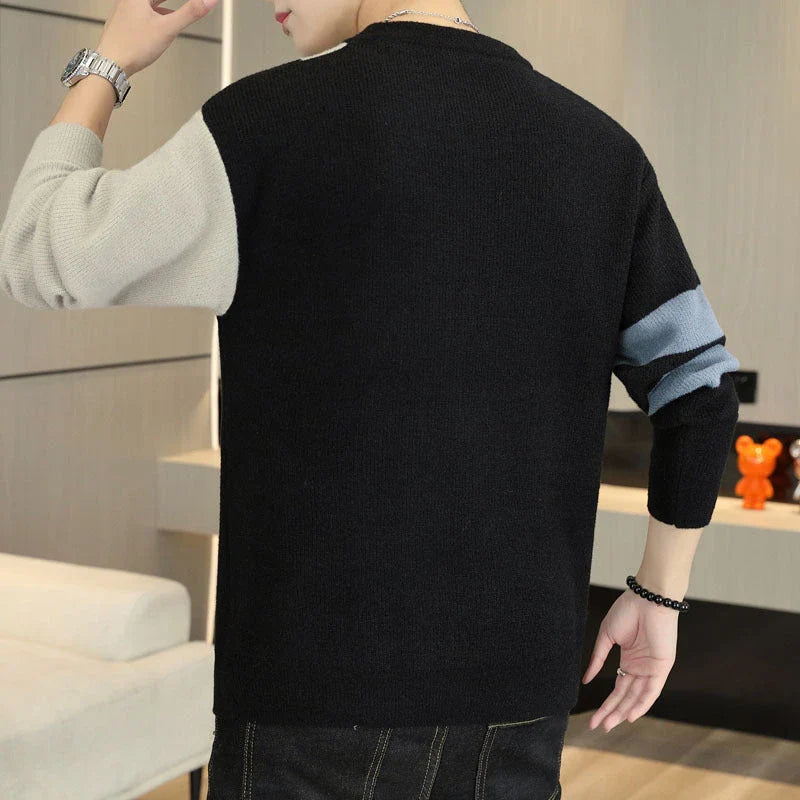 A cosy, warm brown and creamy white colour block jumper for men, featuring a crew neckline and long sleeves