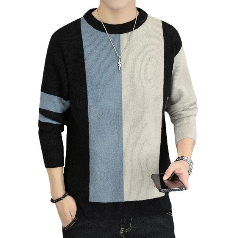 A cosy, warm brown and creamy white colour block jumper for men, featuring a crew neckline and long sleeves