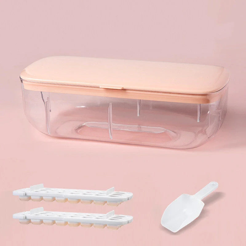 Quick demould ice cube tray set with storage box in yellow, blue, and pink