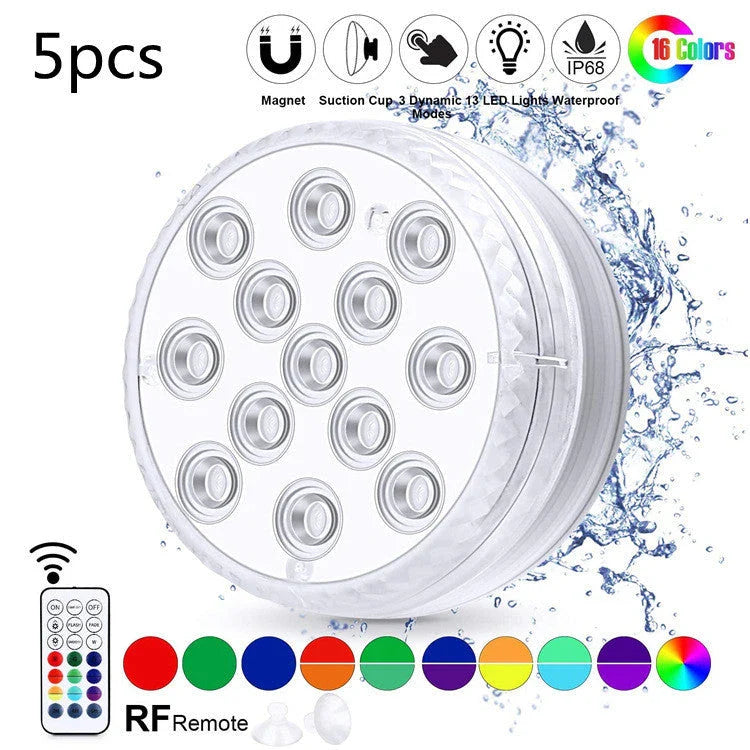 Wireless submersible LED lights with remote control, perfect for pools, spas, and outdoor decor
