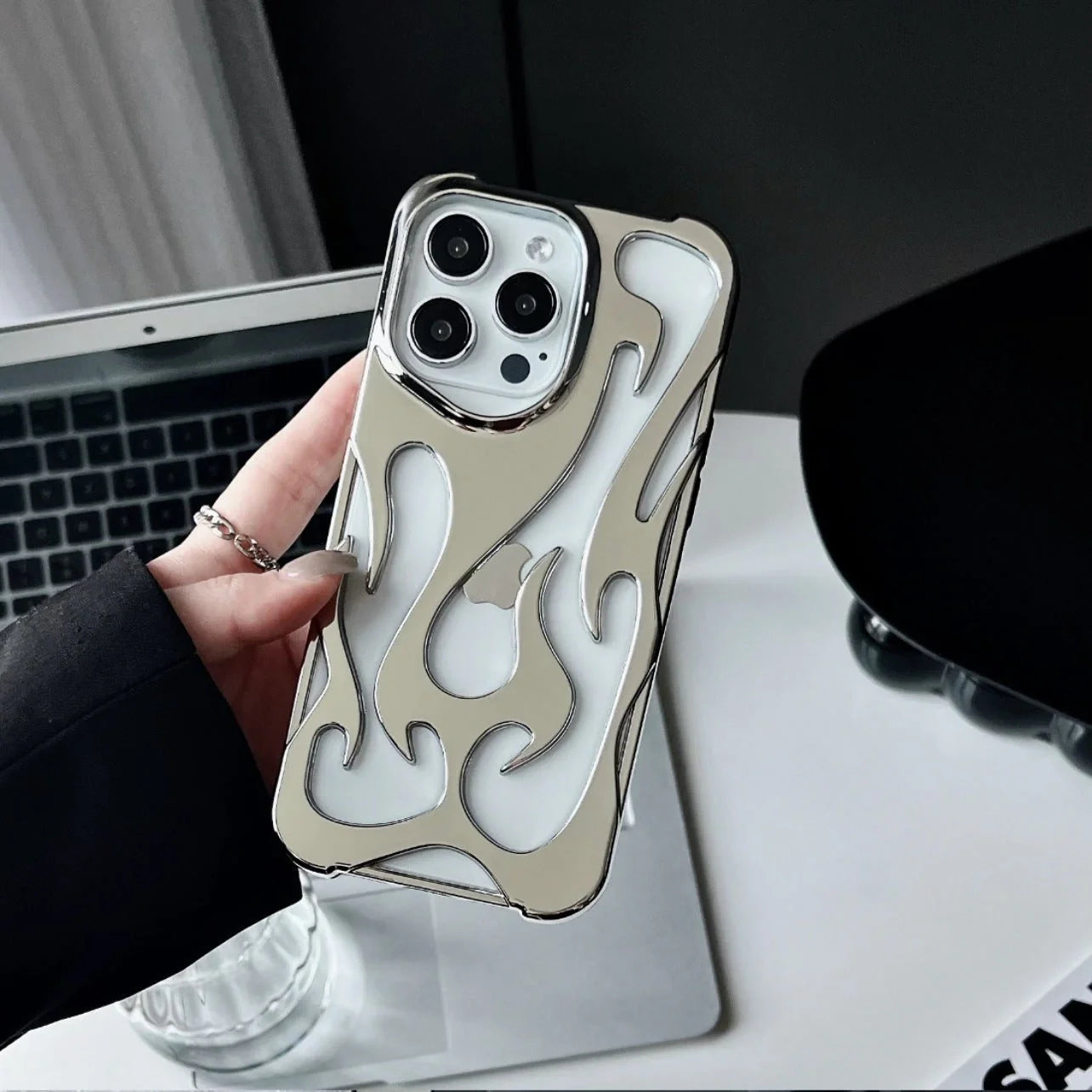 Premium electroplated iPhone case with hollow flame pattern for heat dissipation