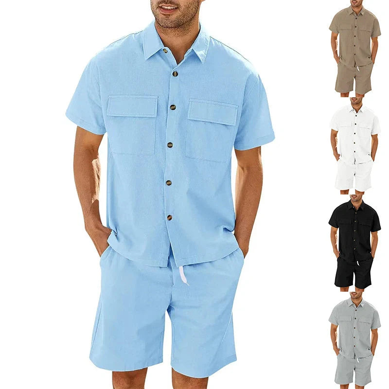 A stylish summer suit featuring a short-sleeved shirt and drawstring shorts in a variety of classic colours, perfect for leisure and sports activities.