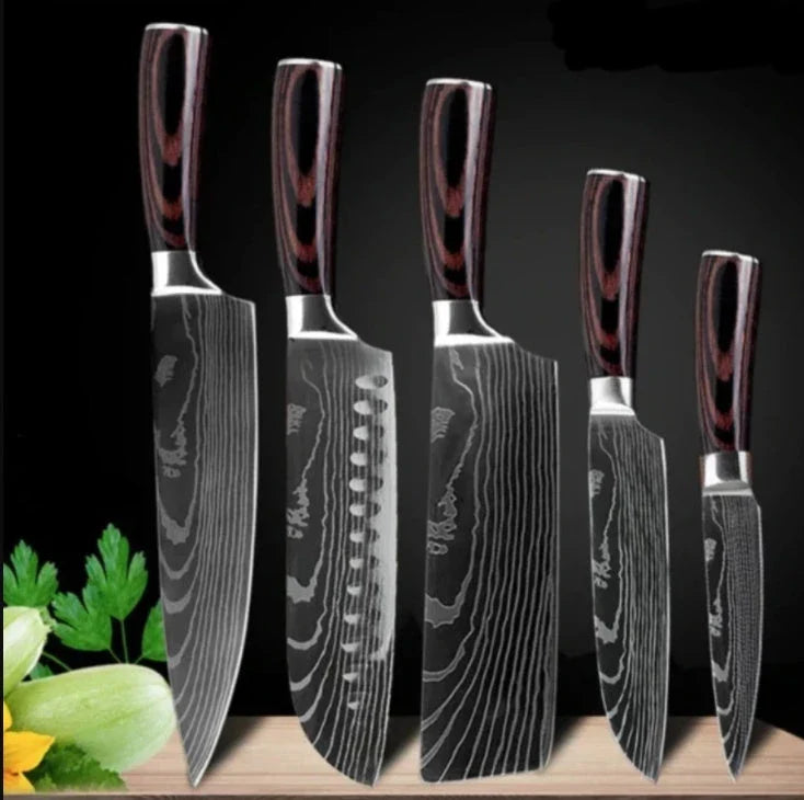 Premium 8-Piece Damascus Steel Kitchen Knife Set with Razor-Sharp Blades and Ergonomic Wooden Handles