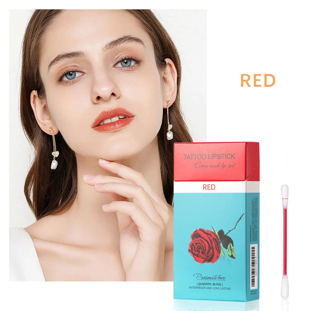 20-piece set of portable lipsticks in various colors, including reds, pinks, and nudes, packaged in a sleek cigarette-style box