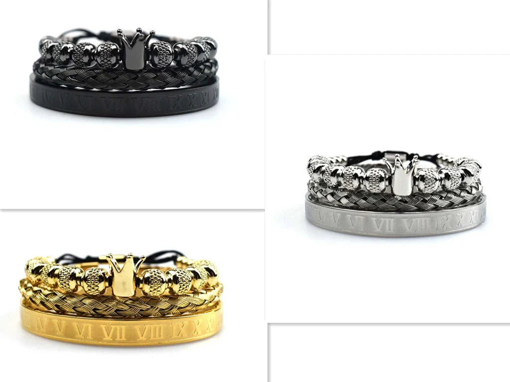 Men's stainless steel crown charm adjustable bracelet with zircon details