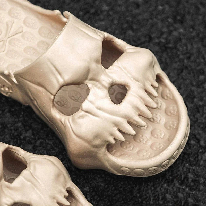 Spooky skull-designed slippers in various colors and sizes for indoor, outdoor, and beach wear