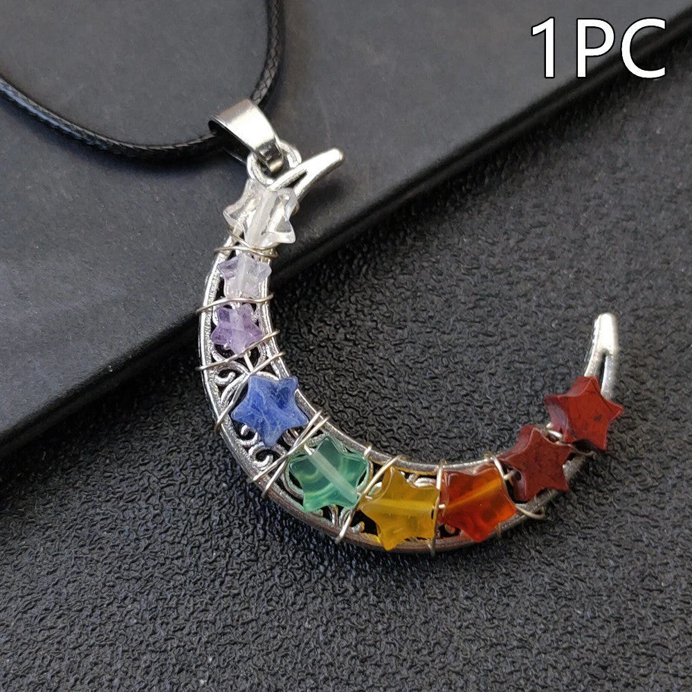 Seven Chakras Crystal Moon Pentagram Necklace in bohemian style