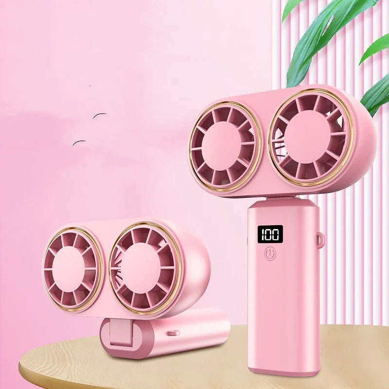 Portable handheld fan with foldable design, digital display, and USB rechargeable power for use in travel, work, and outdoor activities