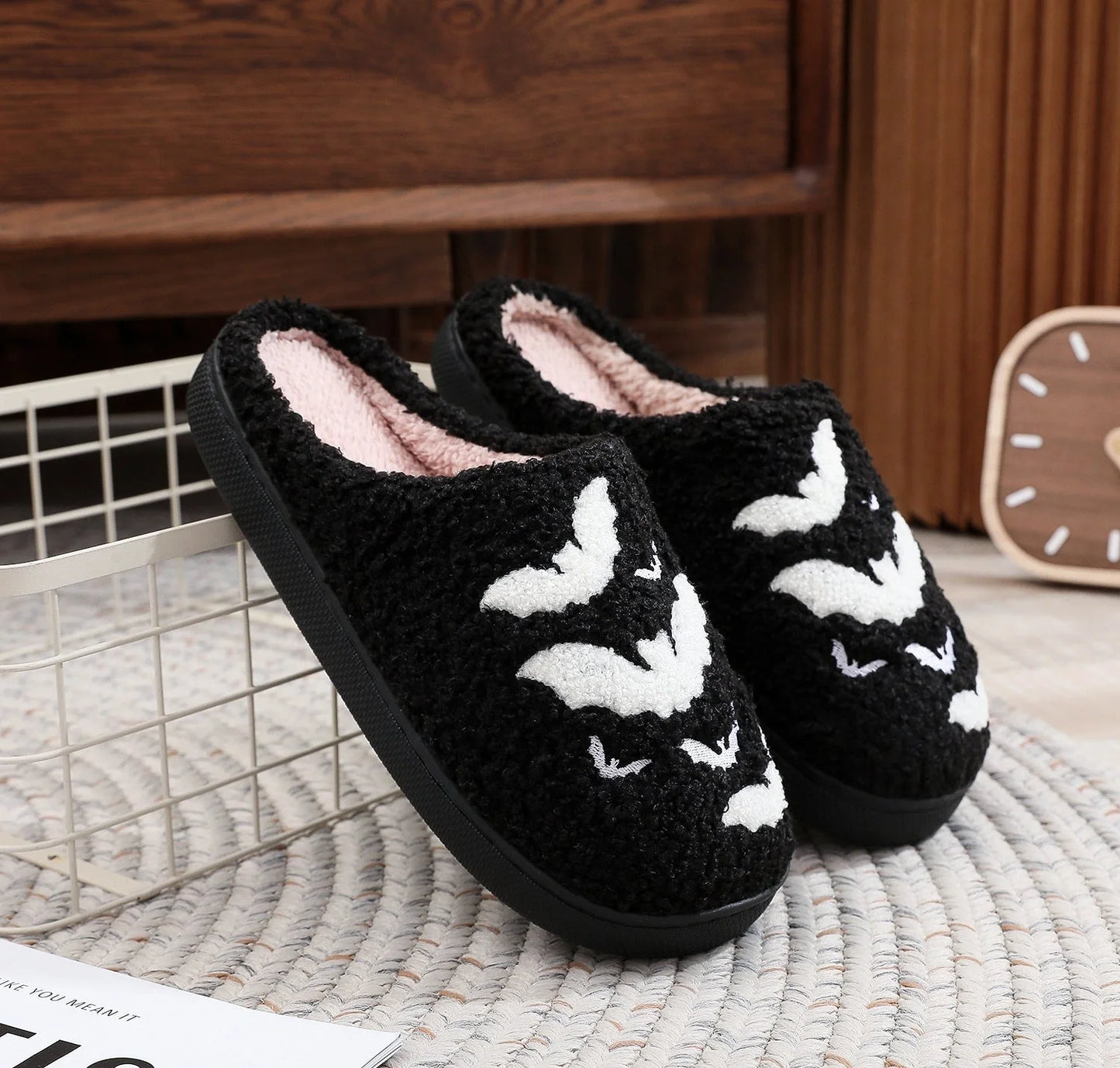 Cosy Bat Slippers for Halloween - Soft Plush Unisex House Shoes in black and white