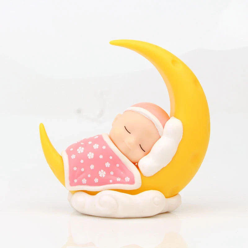 Adorable moon-themed cake toppers with sleeping baby design, perfect for kids' birthday parties and celebrations