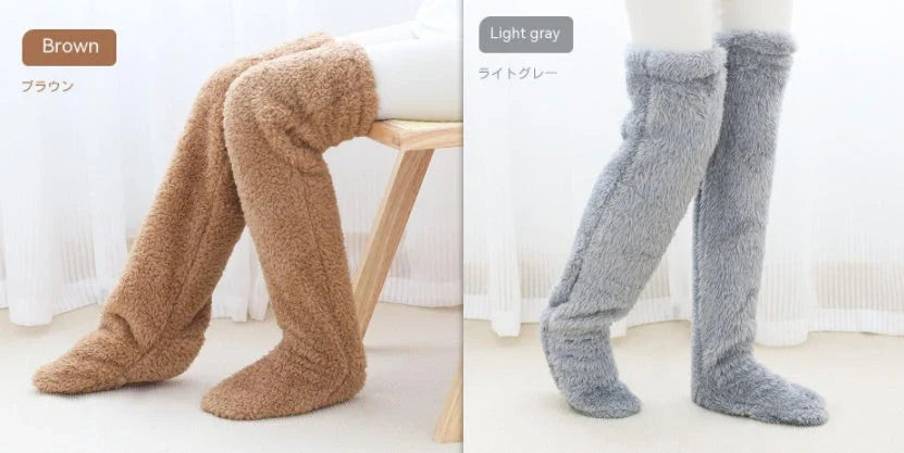 Cozy over-the-knee fuzzy socks in various colors, including brown, blue, dark gray, and pink purple