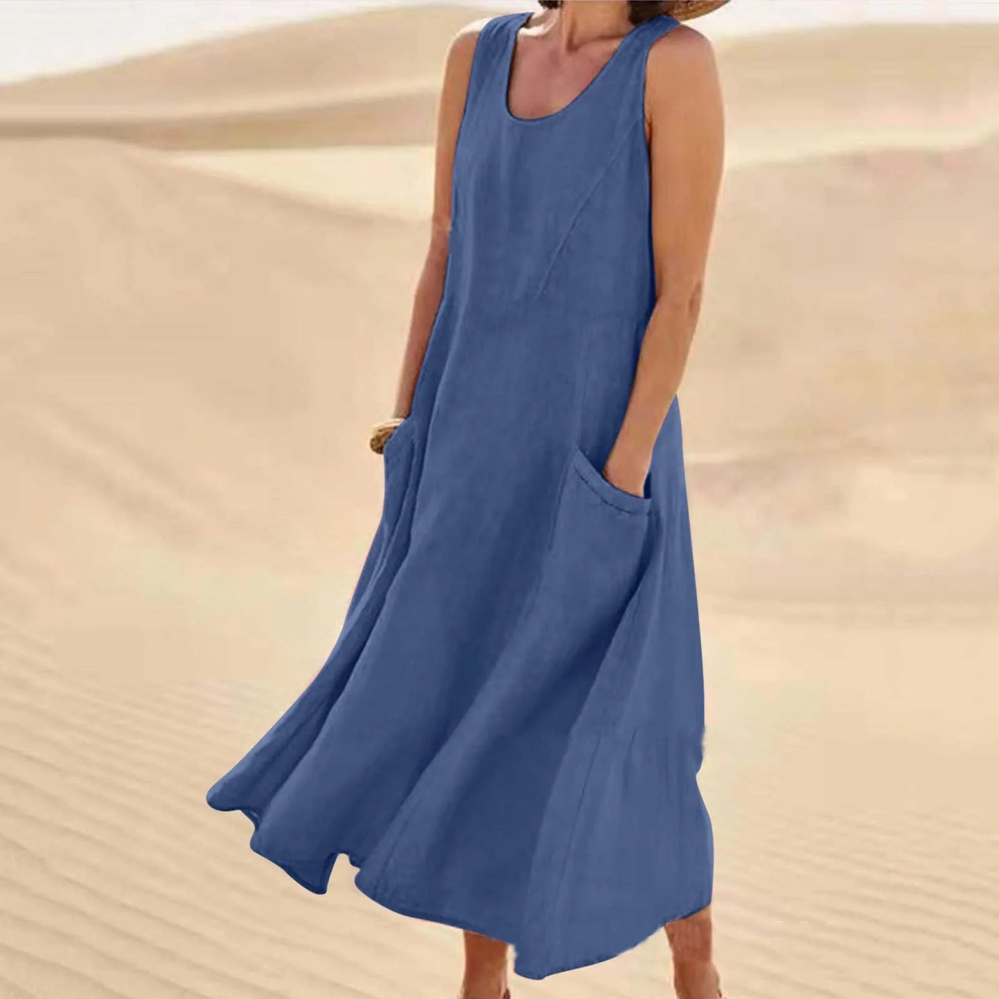 Stylish summer sleeveless long dress with pockets in various colours