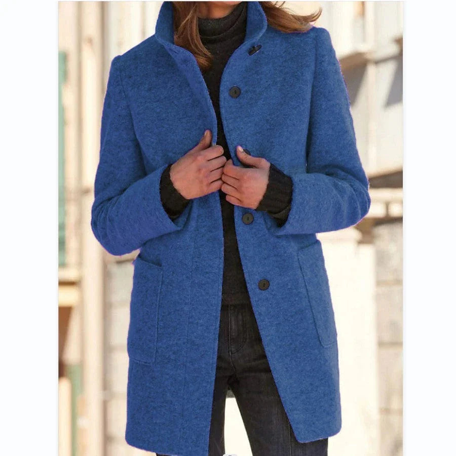 Fashionable wool coat with stand collar and pockets for women's fall/winter outerwear