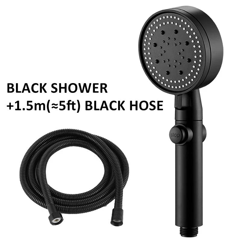 Premium high-pressure shower head with 5-speed supercharged spray patterns, large water output, and modern minimalist design