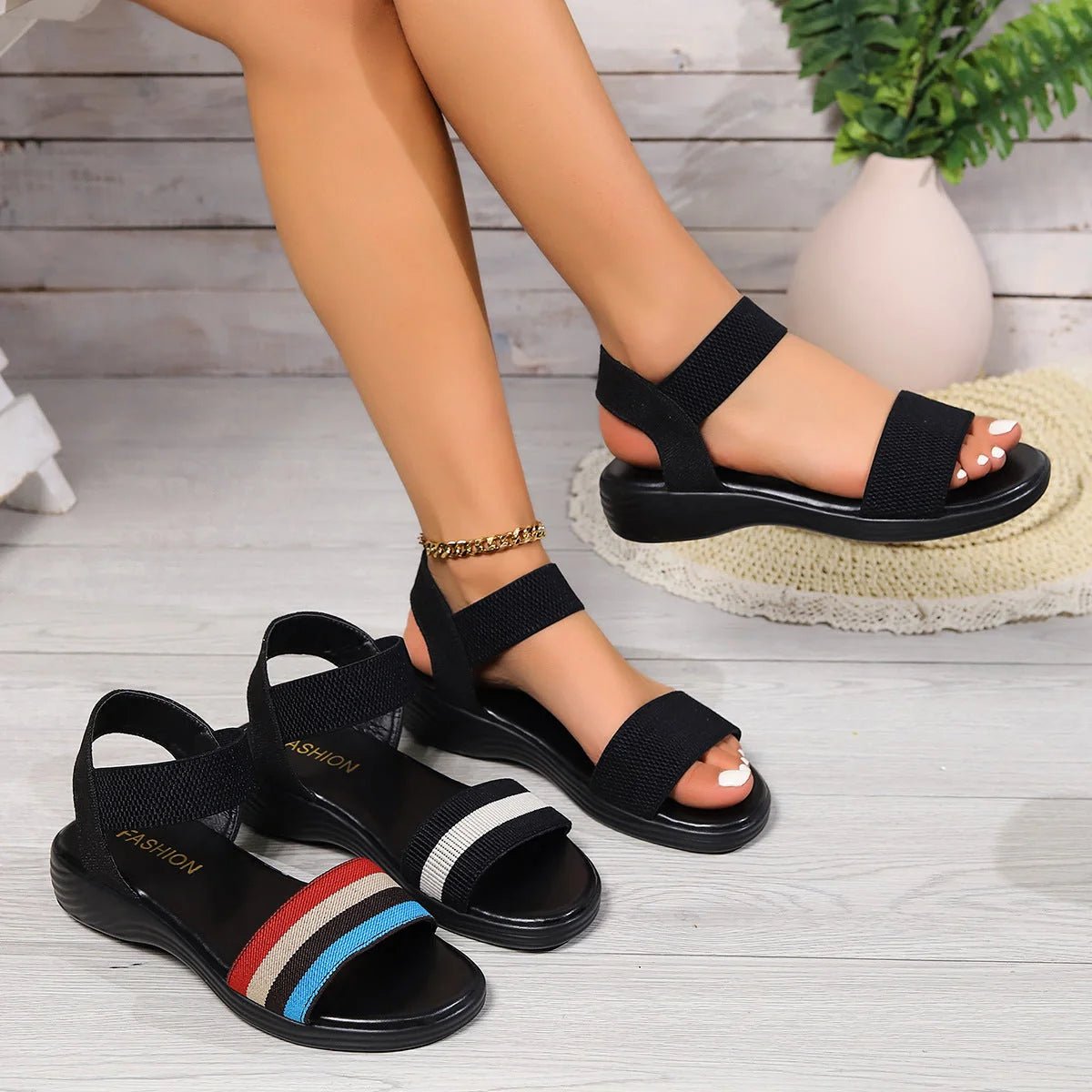 Stylish colour-block elastic sandals with fish-mouth design, featuring a variety of vibrant hues and comfortable rubber soles.