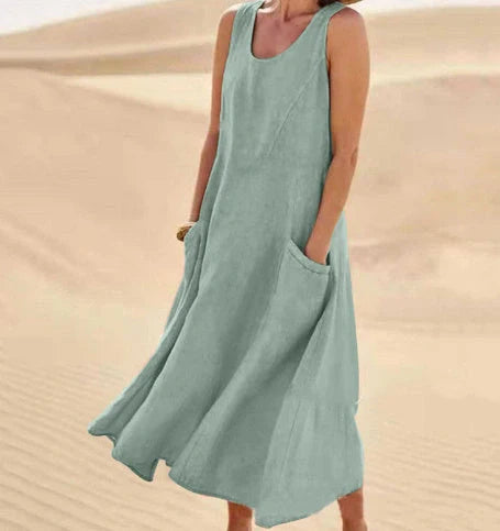 Stylish summer sleeveless long dress with pockets in various colours