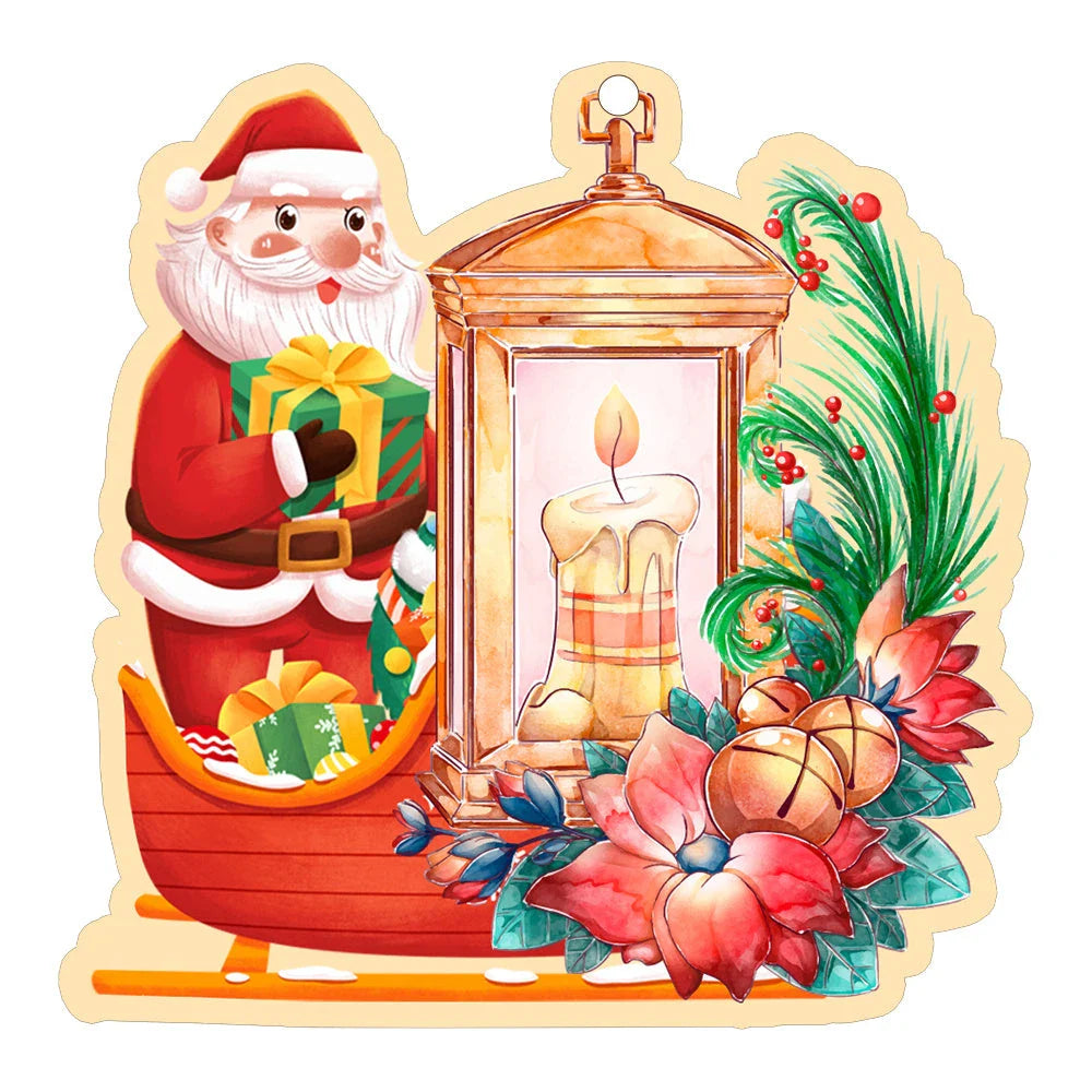 Festive car ornament hanging from rearview mirror with Christmas designs