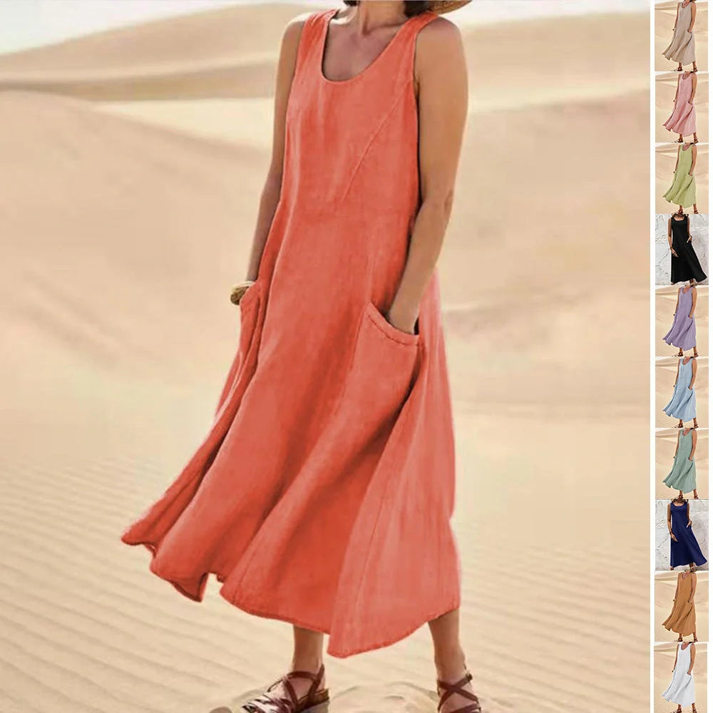 Stylish summer sleeveless long dress with pockets in various colours