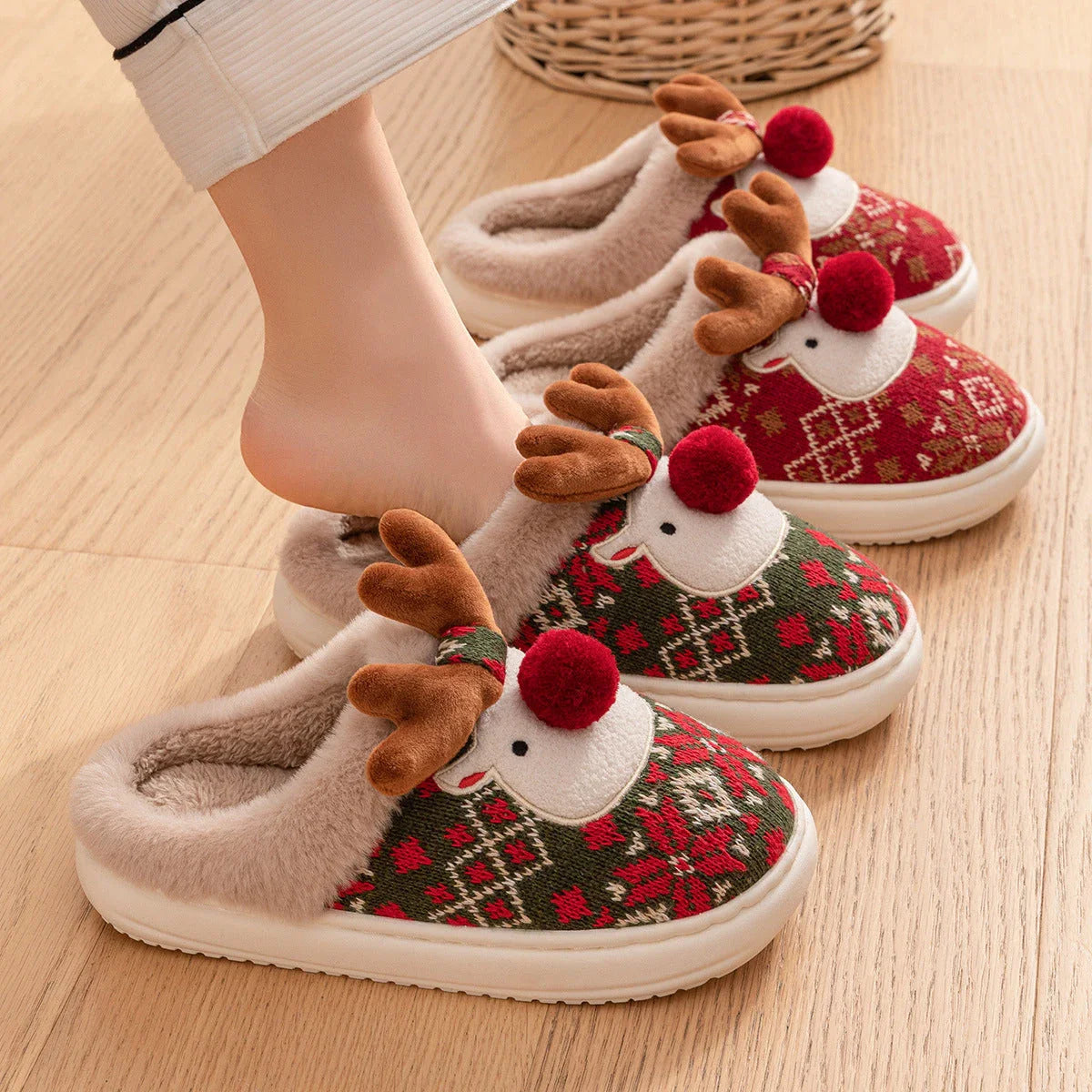 Cozy and festive plush elk-themed slippers in Christmas green and red colors