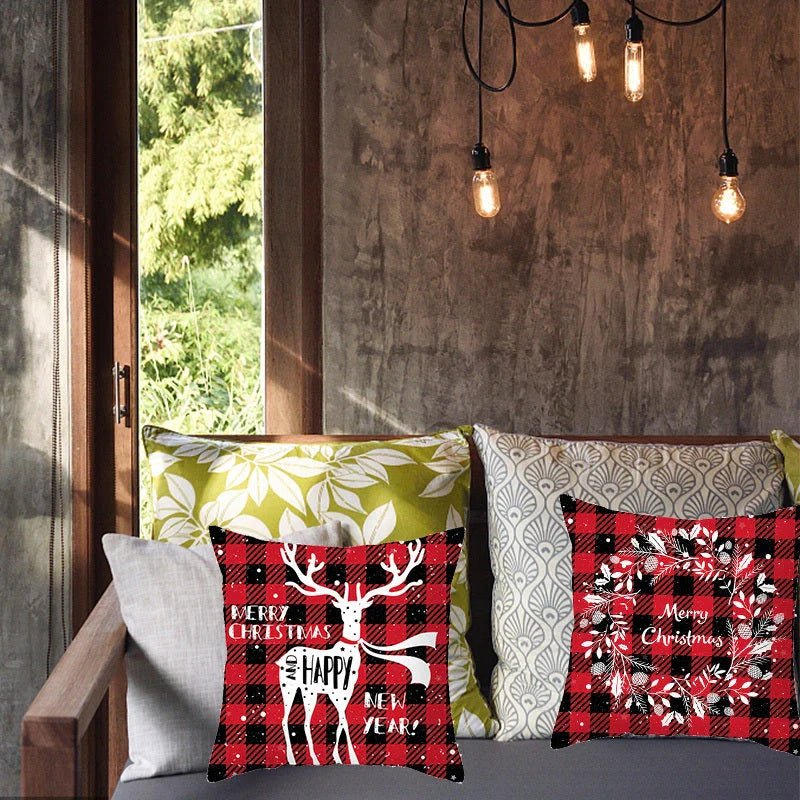 Merry Christmas cushion cover with elk and Santa Claus design in plush fabric