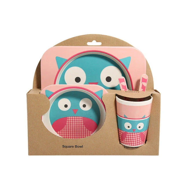 Five-piece bamboo fibre children's tableware set with plates, bowls, cups, spoons, and forks in various animal-themed designs