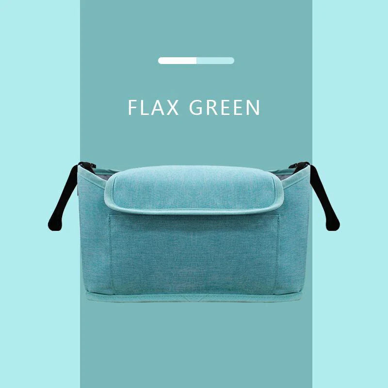 Stylish baby pram organiser bag made of premium cotton and linen materials, featuring various compartments and colour options to keep your child's essentials organised.