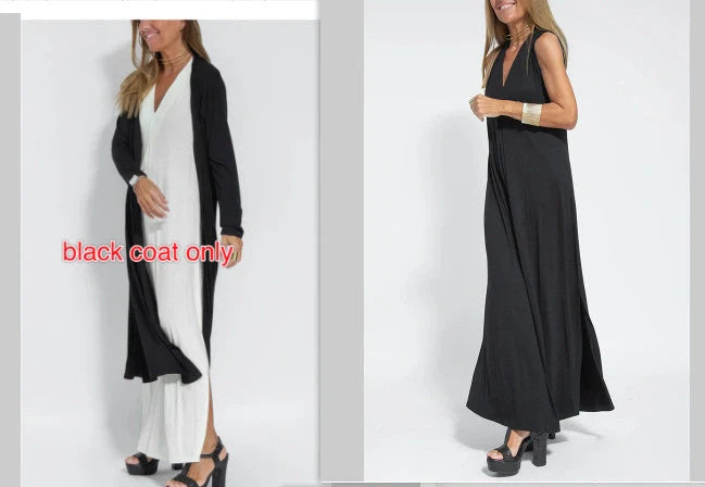 Stylish Women's V-neck Sleeveless Dress with Long Cardigan in various colors