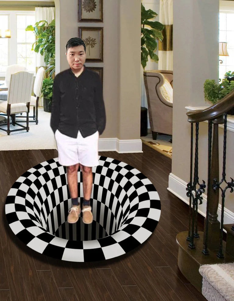 3D Geometric Round Carpet Vortex Illusion Rug in Black and White