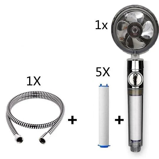 A high-pressure shower head with a stop button, cotton filter, and powerful water pressure for a luxurious bathing experience.