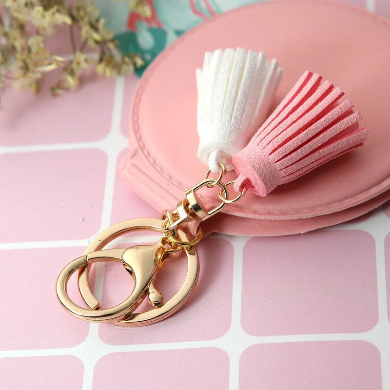 Mini round PU leather small mirror with lovely tassel in various colours