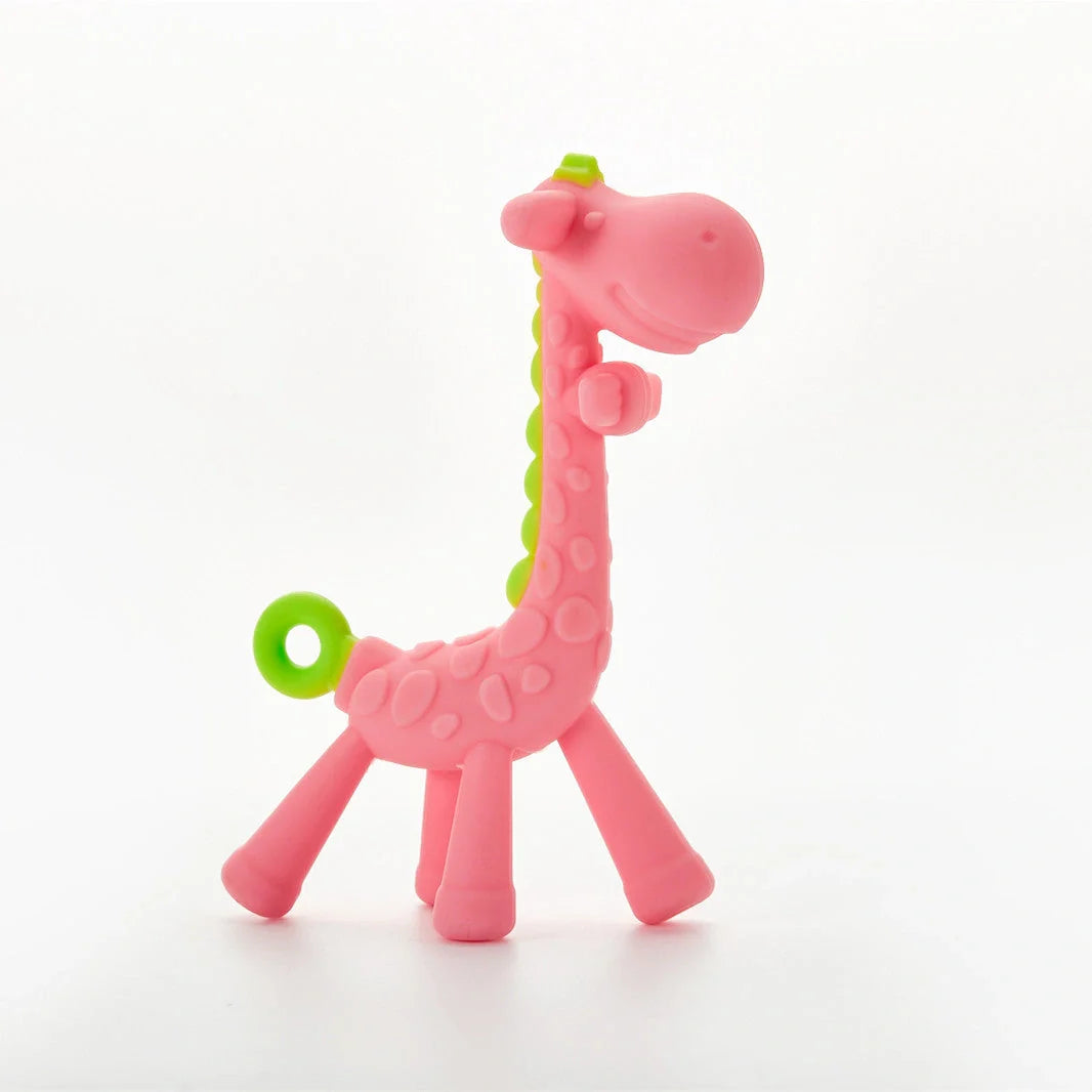 Premium baby giraffe teething toy made of soothing silicone with multiple chewable parts for soothing sore gums during teething