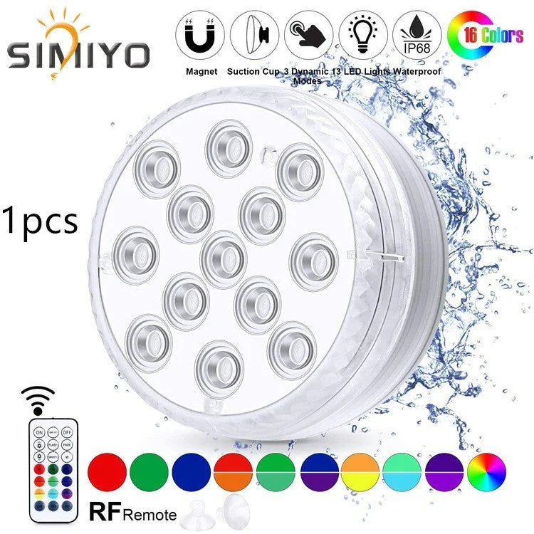 Wireless submersible LED lights with remote control, perfect for pools, spas, and outdoor decor
