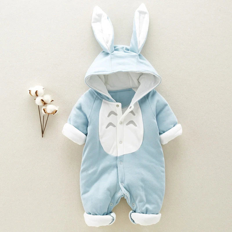 Cosy cotton hooded baby romper with chinchilla-like lining, perfect for keeping your little one warm and comfortable