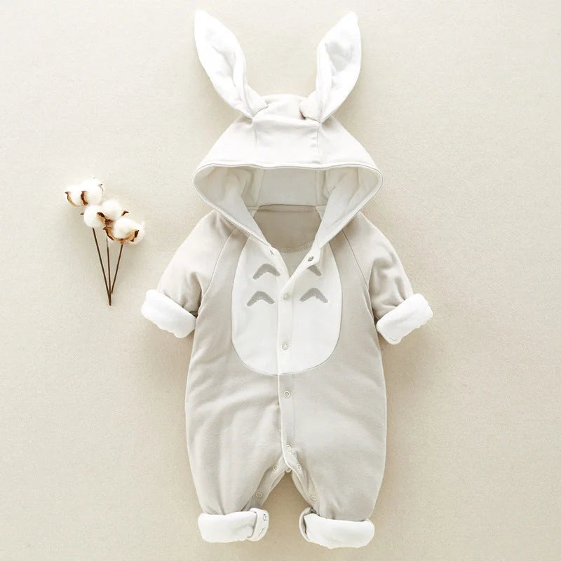 Cosy cotton hooded baby romper with chinchilla-like lining, perfect for keeping your little one warm and comfortable