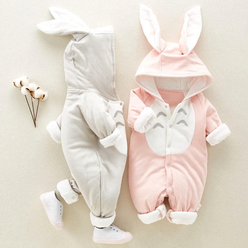 Cosy cotton hooded baby romper with chinchilla-like lining, perfect for keeping your little one warm and comfortable