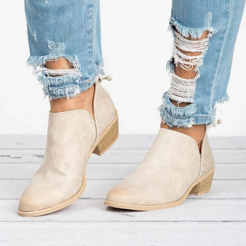 Stylish retro high heel ankle boots for women in pink, black, and beige