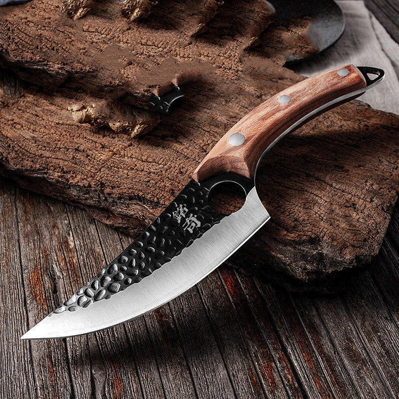 Forged stainless steel boning knife with ergonomic handle and leather sheath