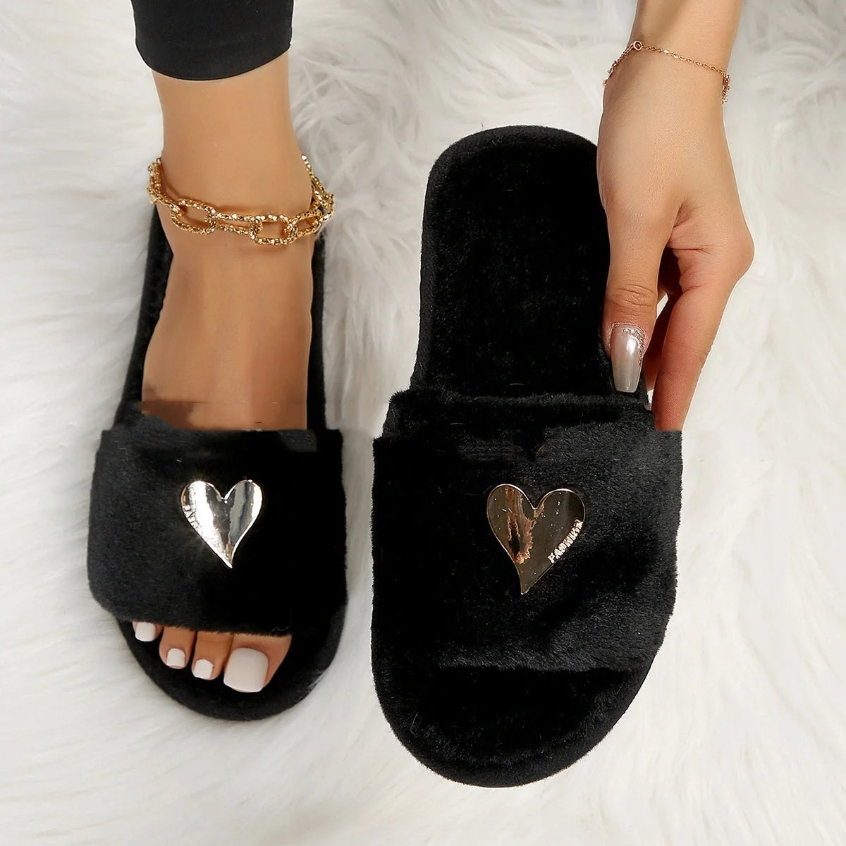 Cosy faux fur slippers in various colours for comfortable indoor wear