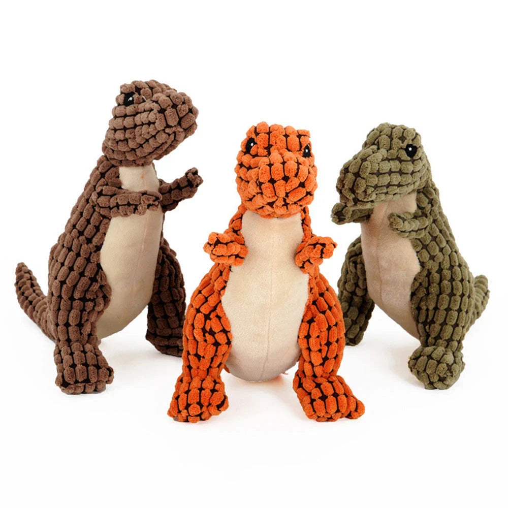 Dinosaur-themed plush chew toys for large dogs, featuring durable corn velvet exterior and soft, squeaky filling materials