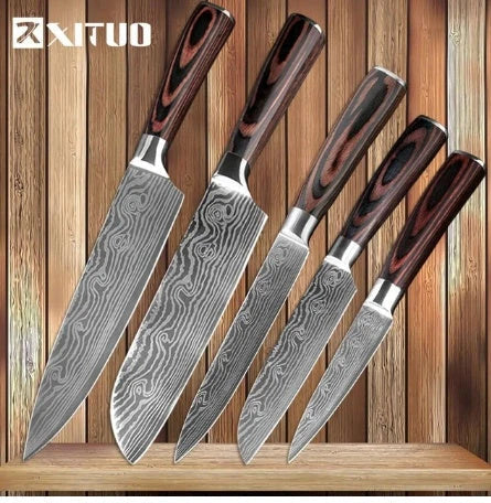 Premium 8-Piece Damascus Steel Kitchen Knife Set with Razor-Sharp Blades and Ergonomic Wooden Handles