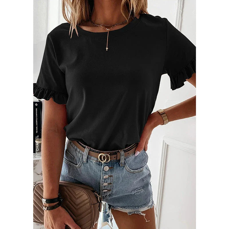 Chic ruffled blouse with short sleeves in various colors and sizes