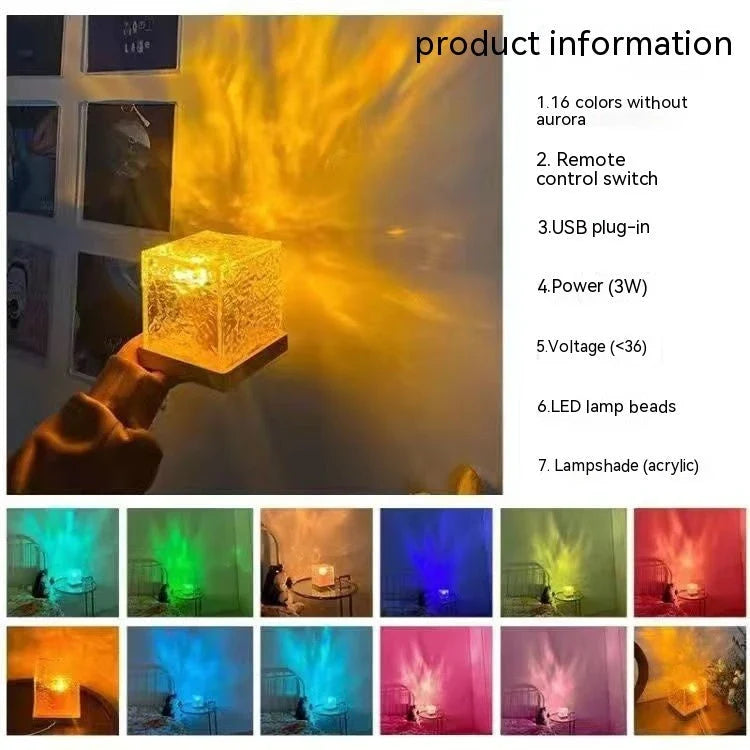 Enchanting water ripple ambient light with 16 color options, remote control, and rotatable design