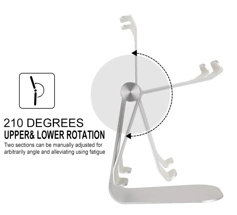 Adjustable tablet stand made of aluminium alloy with secure gripping hooks and soft protective cushions