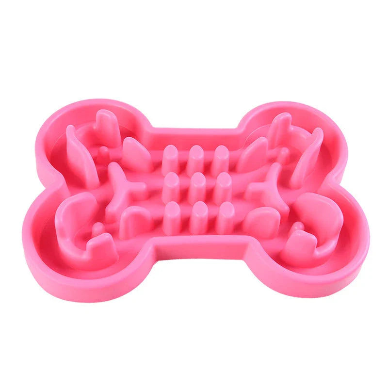 Slow feed pet bowl made of durable silicone, available in blue, rose red, and green colours, featuring anti-choke and anti-tip design for healthy digestion