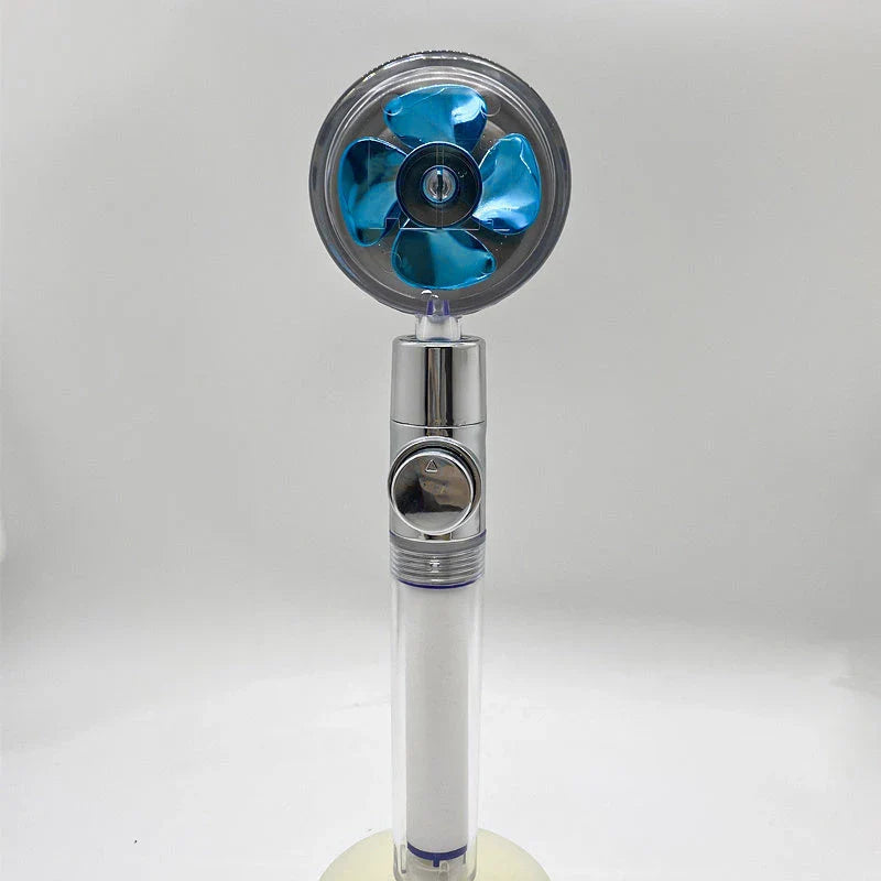 360-degree rotating high-pressure shower head with built-in fan and adjustable water spray