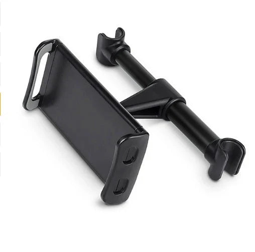 Adjustable car headrest mount for holding smartphones and tablets, with 360-degree swivel and telescopic arm for optimal viewing