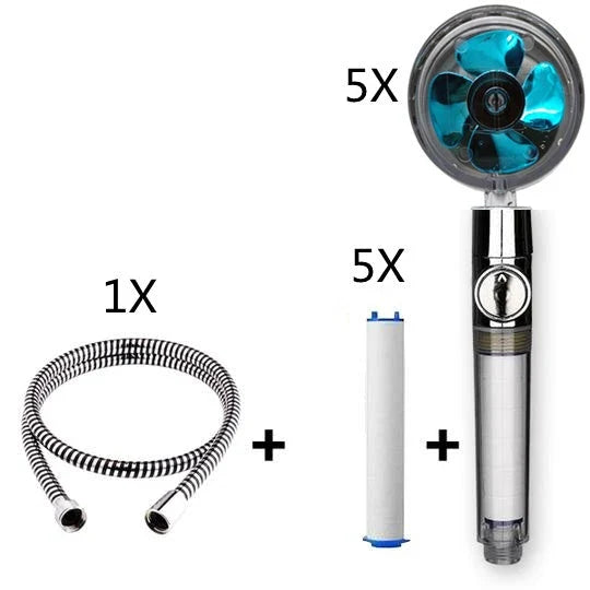A high-pressure shower head with a stop button, cotton filter, and powerful water pressure for a luxurious bathing experience.