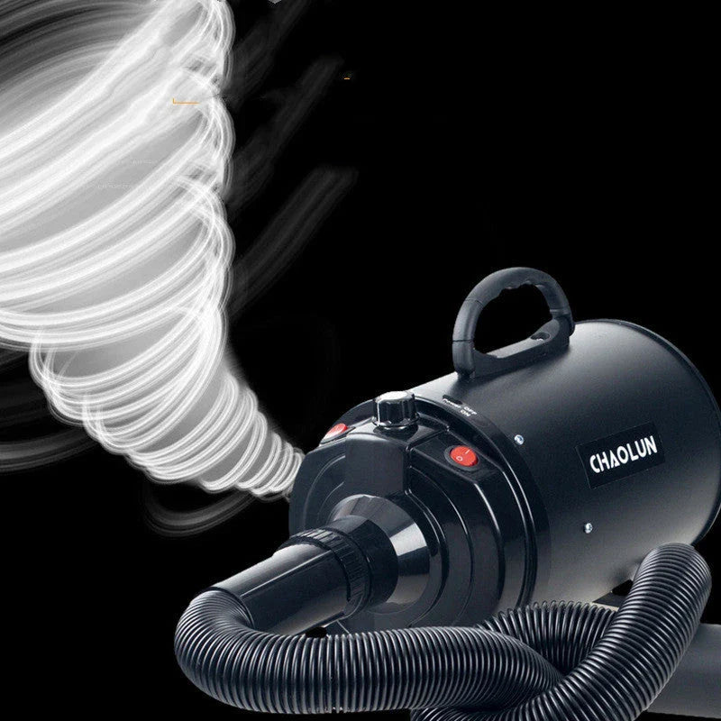 A high-powered, quiet pet hair dryer in various colors, designed for fast and efficient drying of dogs and cats.